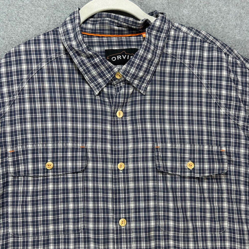 Orvis Button Down Shirt Mens XXL Blue Nylon Plaid Gorpcore Outdoor